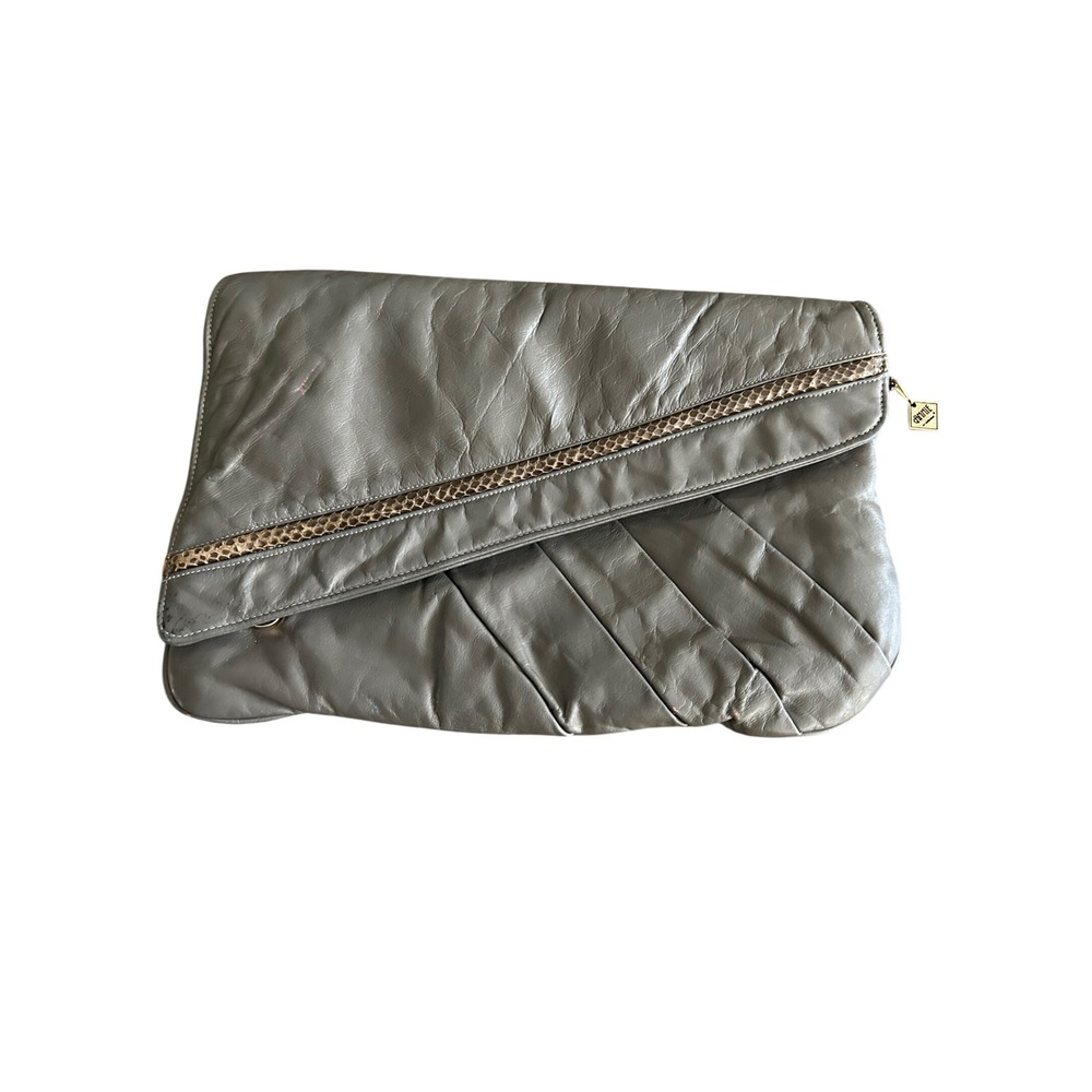 VTG 80s Anne Leather Fold Over Clutch Bag Snake Trim‎ Chain Detail
